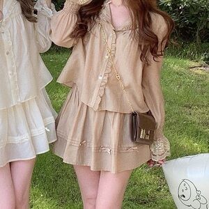 Japanese Kawaii Cottage Brown Ribbon Bow Chiffon Summer Mini Skirt Skorts